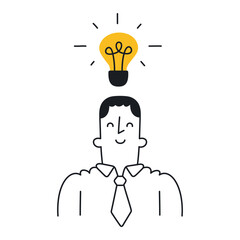Businessman with a light bulb over his head. Outline, linear, thin line, doodle art. Simple style with editable stroke.
