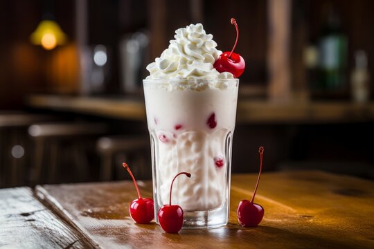 An inviting picture of a rich and frothy vanilla milkshake topped with whipped cream and a cherry