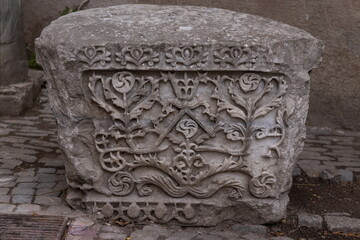 Old plaster sculptures and bas-reliefs, wall texture and patterns. Elements of architectural decorations of buildings. On the streets in Istanbul, public places.