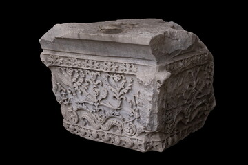 Old plaster sculptures and bas-reliefs, wall texture and patterns. Elements of architectural decorations of buildings. On the streets in Istanbul, public places.