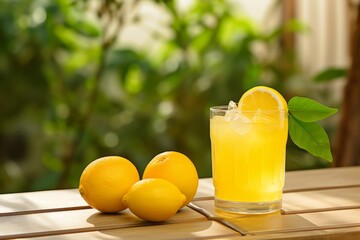 A tangy and refreshing Yuzu Juice in a clear glass with a yuzu slice garnish on a rustic wooden table