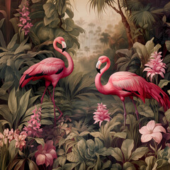 boho, vintage, wallpaper, background, vintage flowers, jungle, birds, heron, crane