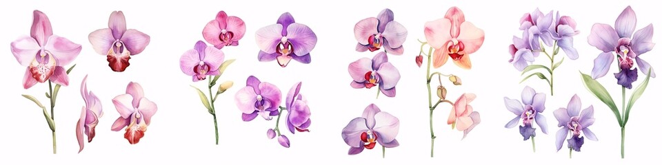 A watercolor painting of orchids, set apart on a milky backdrop.