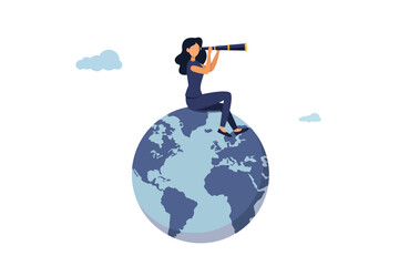 Smart businesswoman sitting on globe, planet earth using telescope to see vision or future opportunities. Globalization, global business vision, world economy or business opportunity concept.