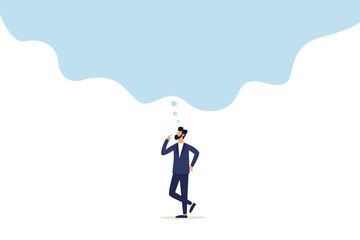 Concepts of big thinking, imagination and creativity, smart businessman thinking in a big bubble.