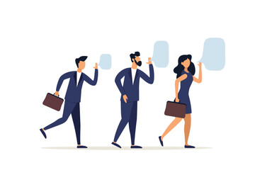 Business people whisper secret gossip to team members. Business secret, corporate communication or viral advertising, spreading rumors or colleagues' confidential information concept.