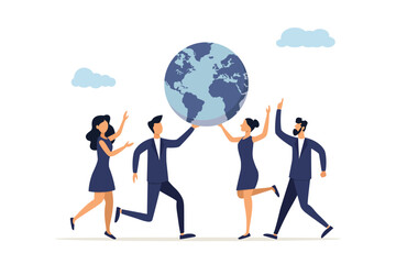 Save the planet, save energy. Earth Day concept. World Environment Day. A few people care about the globe. Team care concept