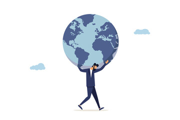Businessman carrying a globe on his shoulder. Responsibility for climate change and global warming, a world leader's commitment to caring for our planet Earth concept