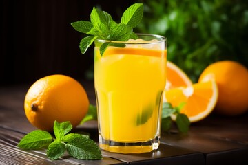 Sunlit scene of a cool glass of orange lemonade nestled among fresh citrus fruits on a vintage wooden table