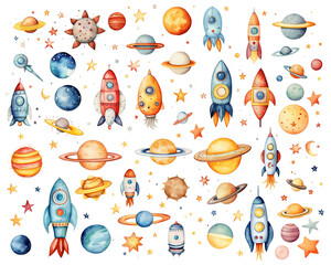 Set of watercolor space elements isolated on transparent background. Rockets, planets and stars