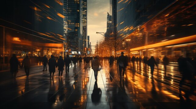 background of a night city avenue with blurred images of illumination and silhouettes of people. motion and blur. wallpaper