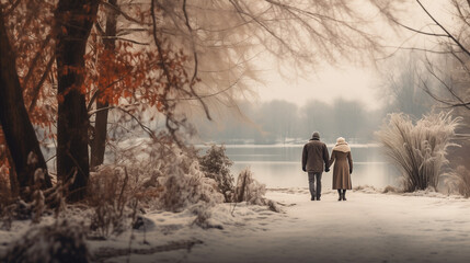 old couple walking in winter park
