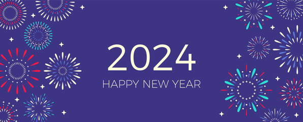 2024 New Year abstract card with fireworks on purple background