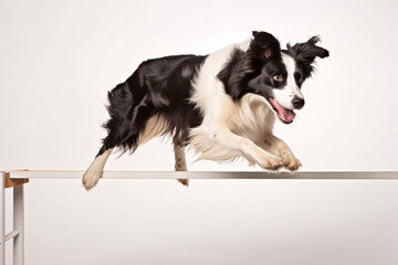 An isolated, white-backgrounded border collie leaps over a blockade.