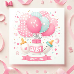 Birth card in pastel colors, ballons, small shoes and feeding bottle, baby girl