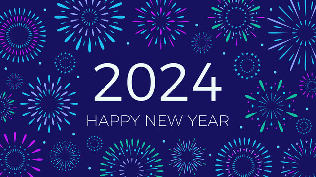 2024 New Year abstract card with fireworks on blue background