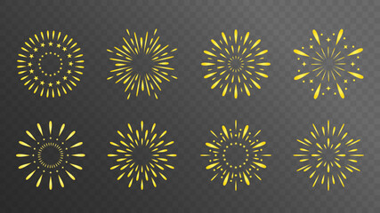 Exploding festival fireworks set, Isolated on transparent background. Flat style. Design concept for holiday banner, poster, flyer, greeting card, decorative elements 
