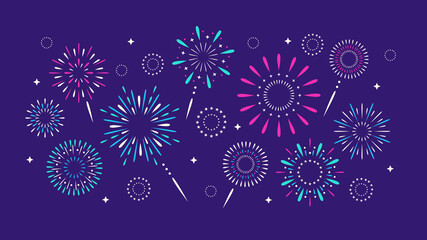 Colorful exploding festival fireworks set, Isolated on purple background. Flat cartoon style. Design concept for holiday banner, poster, flyer, greeting card, decorative elements 