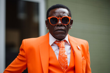 Street style clothes - fashionable stylish senior man in a bright extravagant orange suit on the street. fashion concept, blogger content - obrazy, fototapety, plakaty