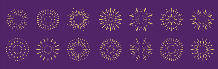 Exploding festival fireworks set, Isolated on purple background. Flat style. Design concept for holiday banner, poster, flyer, greeting card, decorative elements 