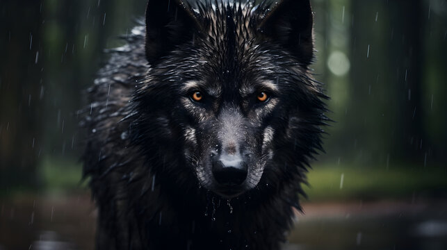 A large black wolf standing in the rain, staring at the camera