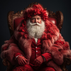 portrait of a respectable gray-haired bearded man in a red coat with fur in a chair.