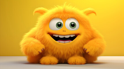 Fototapeta premium Cute yellow colored furry monster 3D cartoon character
