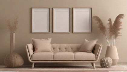 neutral beige wall with three empty frames set for wall art mockup monochrome boho room with minimalist vase sofa and neutral decor generative ai