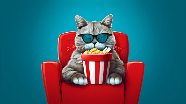 Cat watching a movie with popcorn sitting on red armchair, blue background