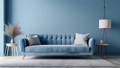 dusty blue sofa near the empty wall modern monochrome interior for mockup wall art promotion background with copyspace - Powered by Adobe
