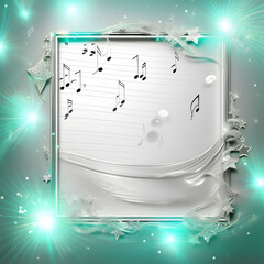 Romantic silver thin elegant frame with light green stars and musical notes on gray background. Christmas decoration concept. 