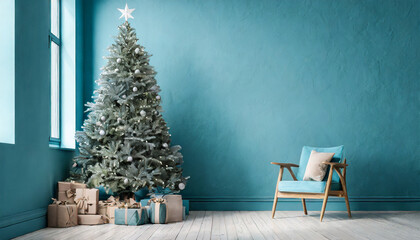 beautiful christmas tree with gifts near blue textured wall monochrome empty living room wall scene mockup winter background