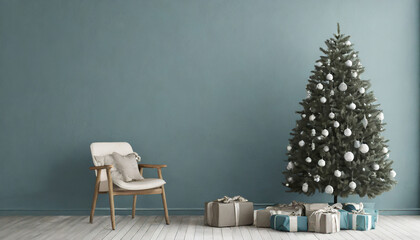 beautiful christmas tree with gifts near chair and dusty blue textured wall monochrome empty living room wall scene mockup promotion background