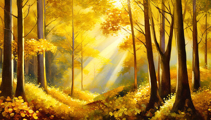 a painting of a golden forest with trees in the background generative ai
