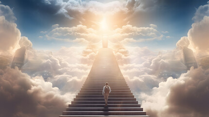 Staircase leading to heaven, man stands in front of the Paradise gates