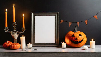 an empty vertical frame for mockup stands on the table near the jack o lantern pumpkin and candles black wall background halloween decor - Powered by Adobe
