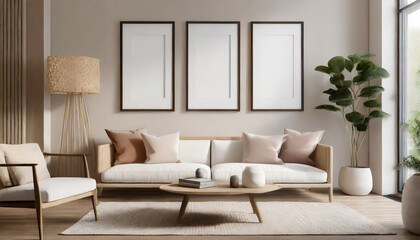 Fototapeta na wymiar three empty vertical picture frames in a modern living room with white sofa and beige pillows japandi interior wall art mockup