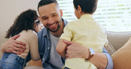 Love, hug or father with children in home for care, safety or bond together to relax in apartment. Smile, siblings or happy single parent dad with kids for support, trust or comfort in family house - Powered by Adobe