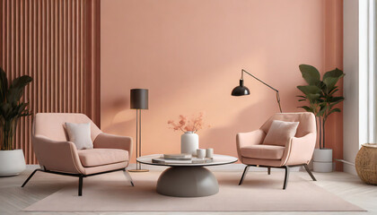 modern cozy living room with monochrome blush pink and peach wall contemporary interior design with...