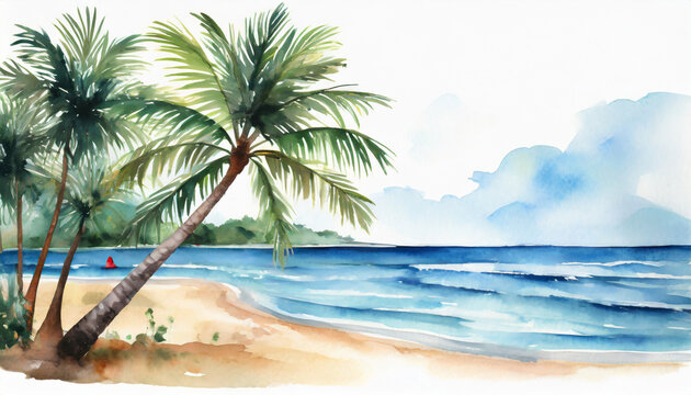 holiday summer travel vacation illustration watercolor painting of palms palm tree on teh beach with ocean sea design for logo or t shirt isolated on white background