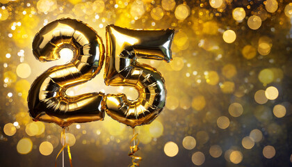 banner with number 25 golden balloons with copy space twenty five years anniversary celebration...