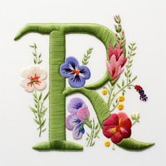The letter r is decorated with flowers and leaves. Embroidery effect, floral design. - obrazy, fototapety, plakaty