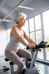Fototapeta na wymiar Elderly woman exercising on an exercise bike, joyful senior woman, Healthy Active Lifestyle. Generated by AI.