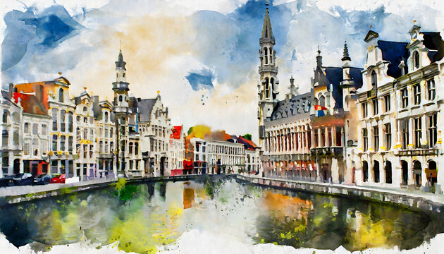 beautiful view of the historical center of brussels watercolor sketches generative ai