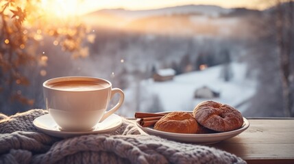 Winter country morning with cup of coffee tea food buns wallpaper background - obrazy, fototapety, plakaty