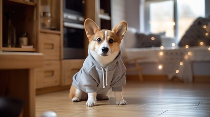 Cute dog puppy pet wearing sweater clothing in domestic wardrobe interior wallpaper background
