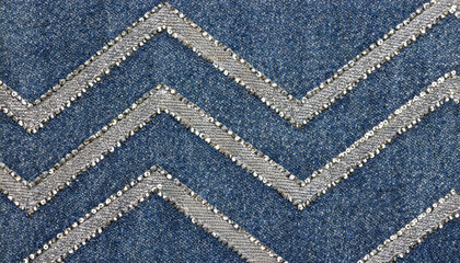 blue denim background with stitches and silver sequin zig zag stripes