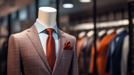 Man casual expensive jacket suit mannequin in luxury store wallpaper background