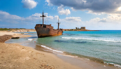 the sandy beach of cyprus is home to an ancient rusty ship a silent relic of maritime history