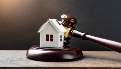 close up conceptual white miniature house on top of the table beside court gavel